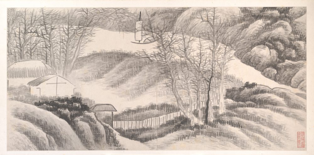 Una hoja del álbum de los doce meses: casas y árboles cubiertos de nieve; tinta sobre papel.