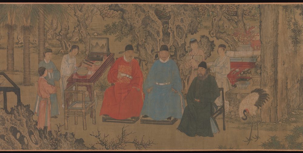 Funcionarios de la corte Ming se reciben en un jardín, entre sirvientes, mesas y una grulla; rollo horizontal en tinta y color sobre seda.